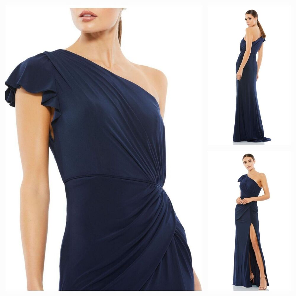 New MAC DUGGAL 67858 (2) Navy Blue Ruffled One Shoulder Draped Jersey Knit Gown